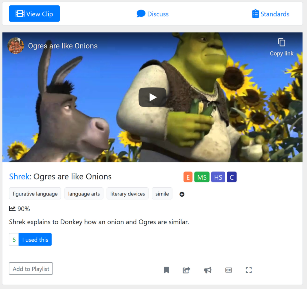 View of the "Shrek: Ogres are like Onions" clip on ClassHook.