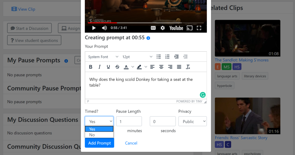 Shows the dropdown menu for timed Pause Prompts.