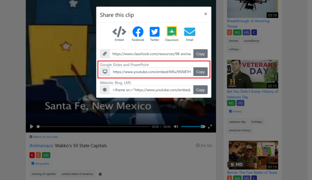 share clip - copy link under Google Slides and PowerPoint